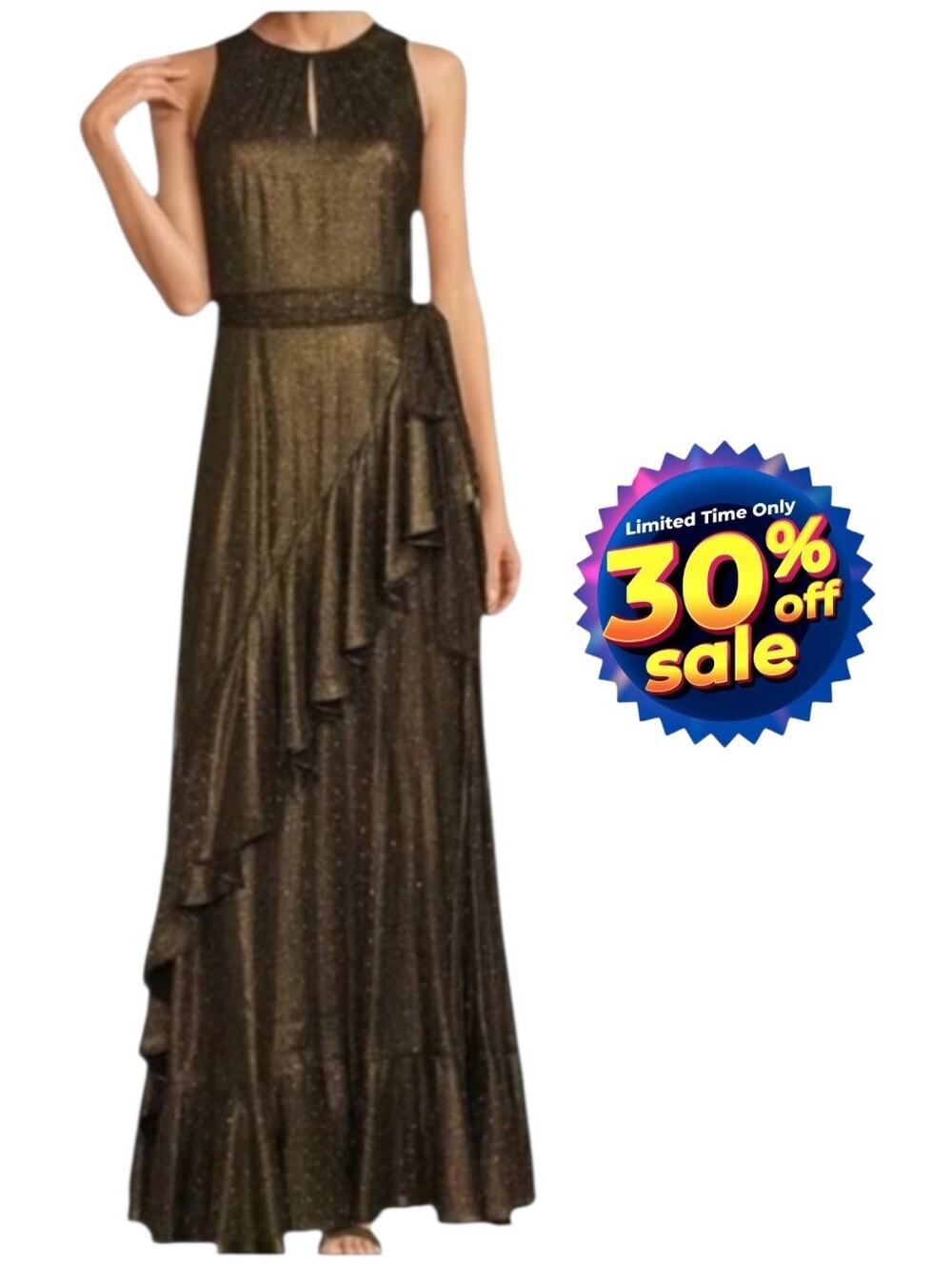 Alex Marie Brown Metallic Sleeveless Maxi Dress Ruffle Hem 10 NWT